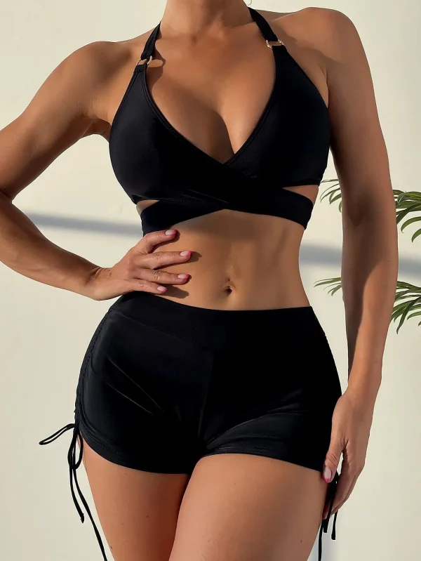 Solid Hollow Swimsuit Cross Gathered Drawstring Beach Bathing Suit - Image 4