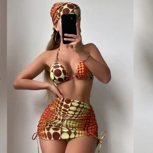 Striped Split Swimsuit Mesh Dress Four-Piece Swimsuit