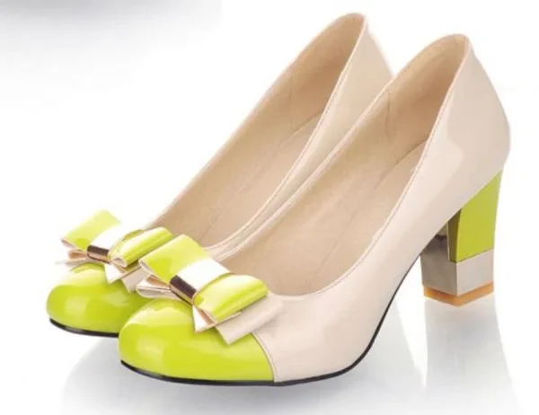 Sweet and Hard Color Bow Round Toe Block High Heels Pumps - Image 3