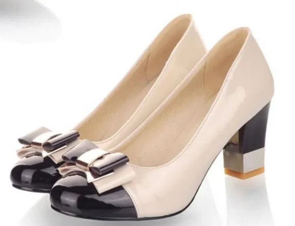 Sweet and Hard Color Bow Round Toe Block High Heels Pumps - Image 7