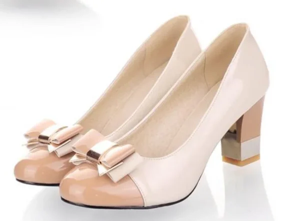 Sweet and Hard Color Bow Round Toe Block High Heels Pumps - Image 5