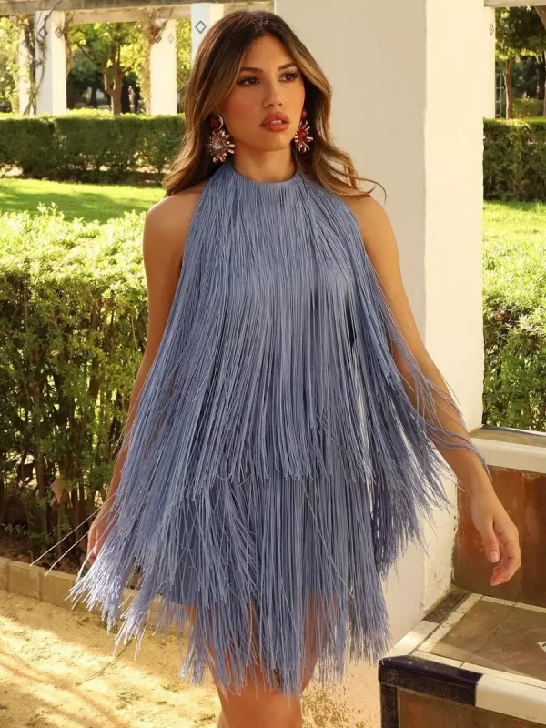 Tassel Fringe With Open Back Halter Neckline For Party Mini Dress