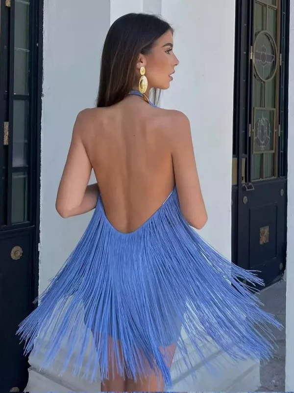Tassel Fringe With Open Back Halter Neckline For Party Mini Dress - Image 5