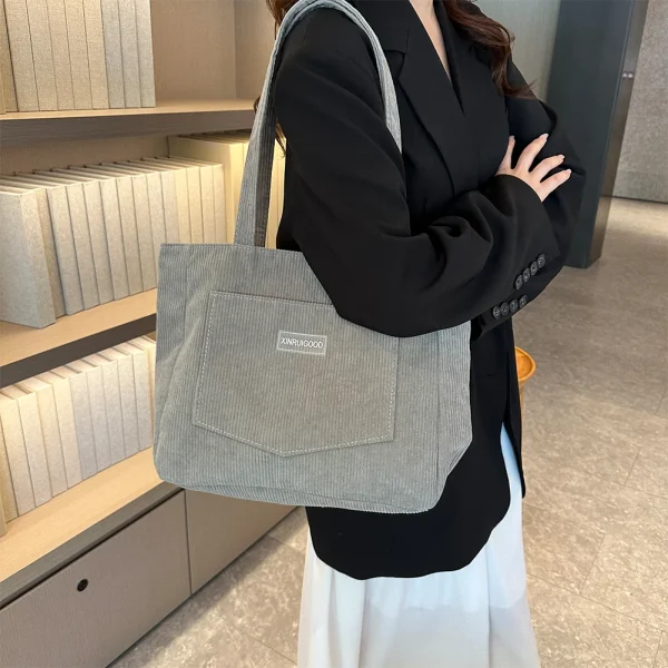 Trendy Corduroy Solid Color With Front Pocket Large Capacity Tote Shoulder Bag - Image 4