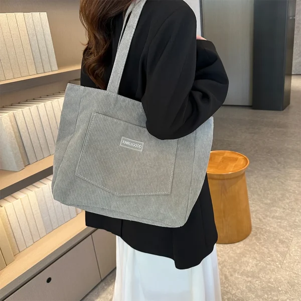 Trendy Corduroy Solid Color With Front Pocket Large Capacity Tote Shoulder Bag - Image 3