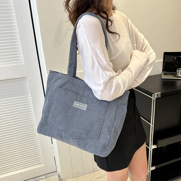 Trendy Corduroy Solid Color With Front Pocket Large Capacity Tote Shoulder Bag - Image 2