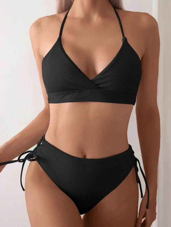 V-Neck Split Lace Up Triangular Solid Color Beach Swimwear Bathing Suit