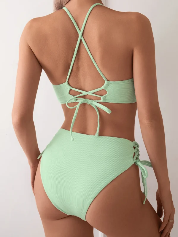 V-Neck Split Lace Up Triangular Solid Color Beach Swimwear Bathing Suit - Image 3