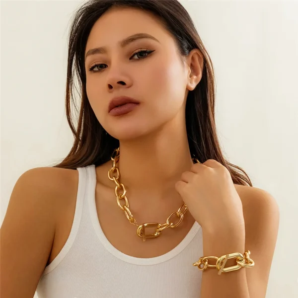Vintage Punk Heavy Metal Big Chunky Chain Necklace Goth OT Buckle Lock Choker Set