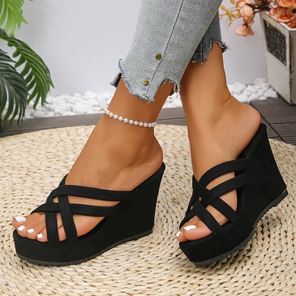 Comfort Roman Style Cross Strap Wedges Thick Sole Chunky High Heels Sandals - Image 8